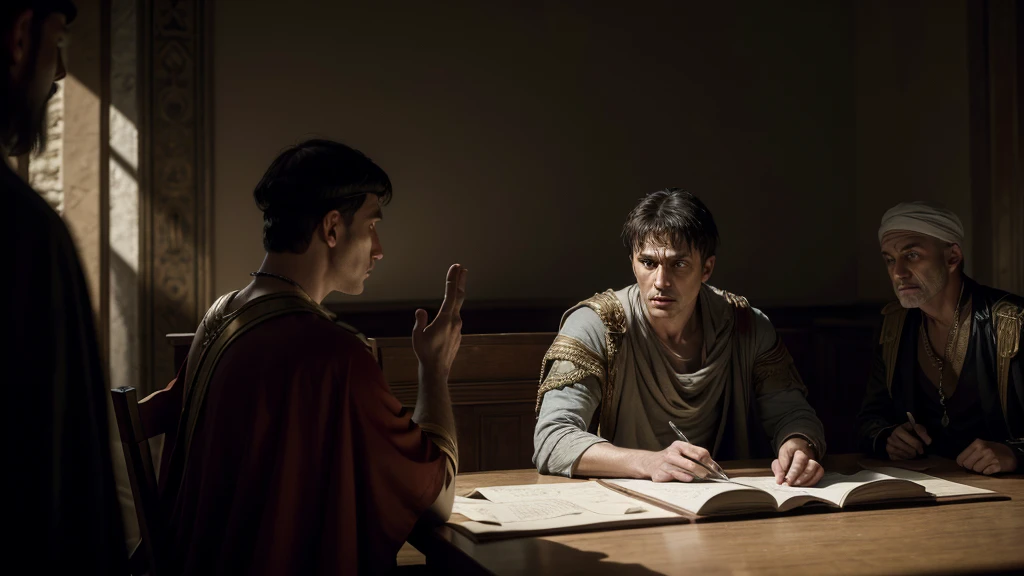 Cinematic, realistic depiction of Pilate negotiating with Jewish leaders, intense discussion, Pilate's stern and authoritative presence, contrasting emotions, chiaroscuro lighting, historically accurate costumes