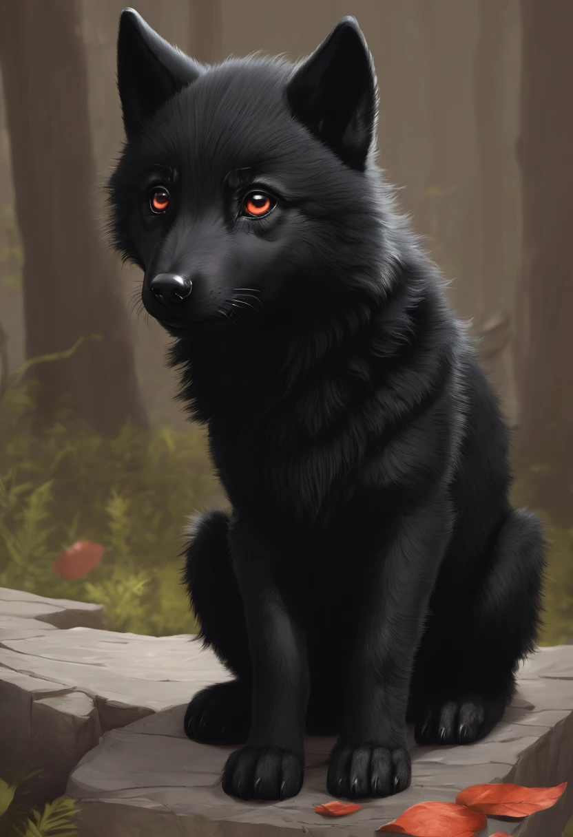 One eye is red,Cute little black wolf。Eyes are red。A little smaller and cuter