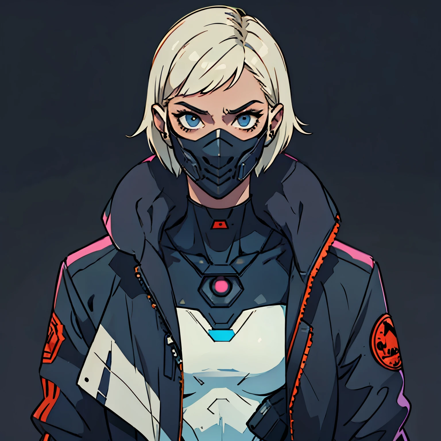Criminal, woman, short hair, slim, jacket, futuristic protection mask, (evil) (simple background), plano medio