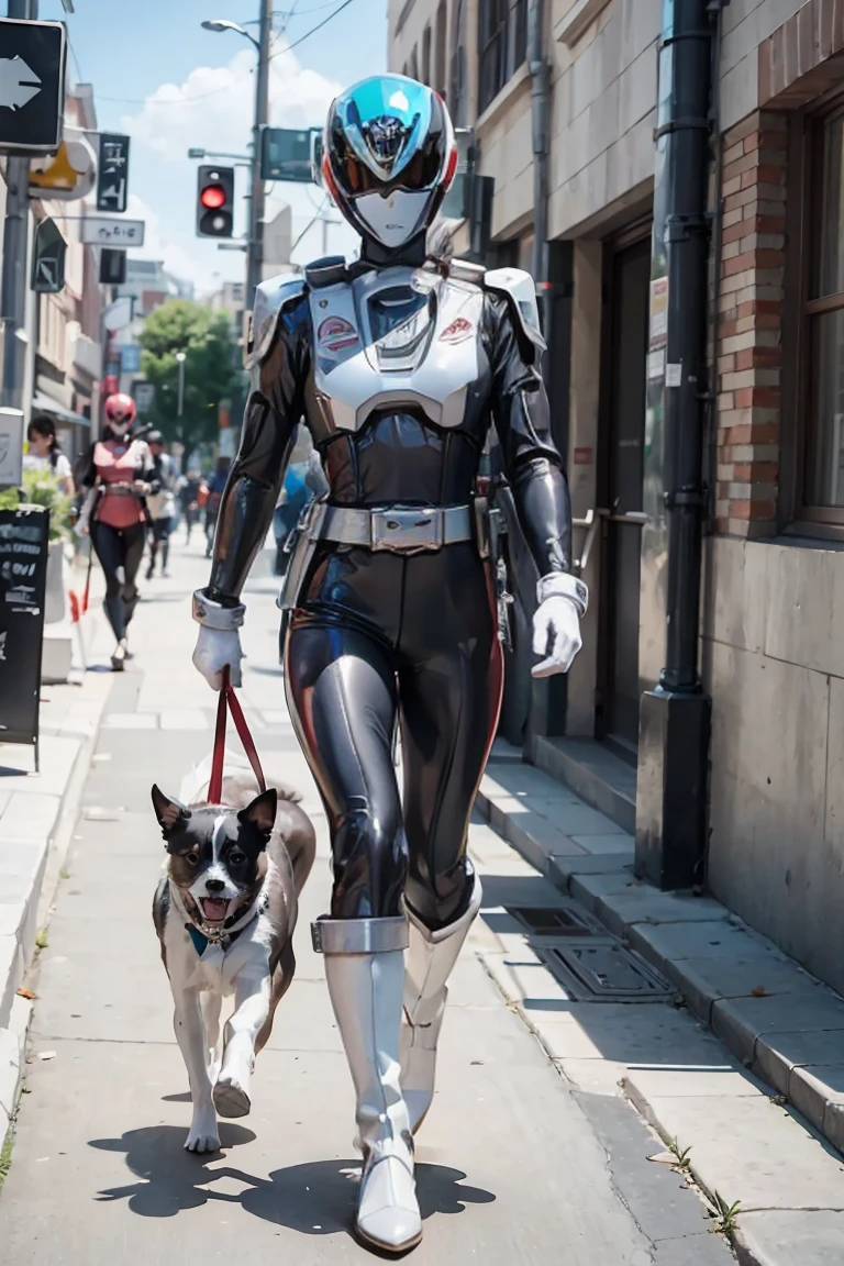 A beautiful sunny day and a baby walking his dog.. The baby is very real cinematic image. The child's parents come right behind them.., power suit, powerranger, suit, spd, (Power ranger suit), gold detail, masked,