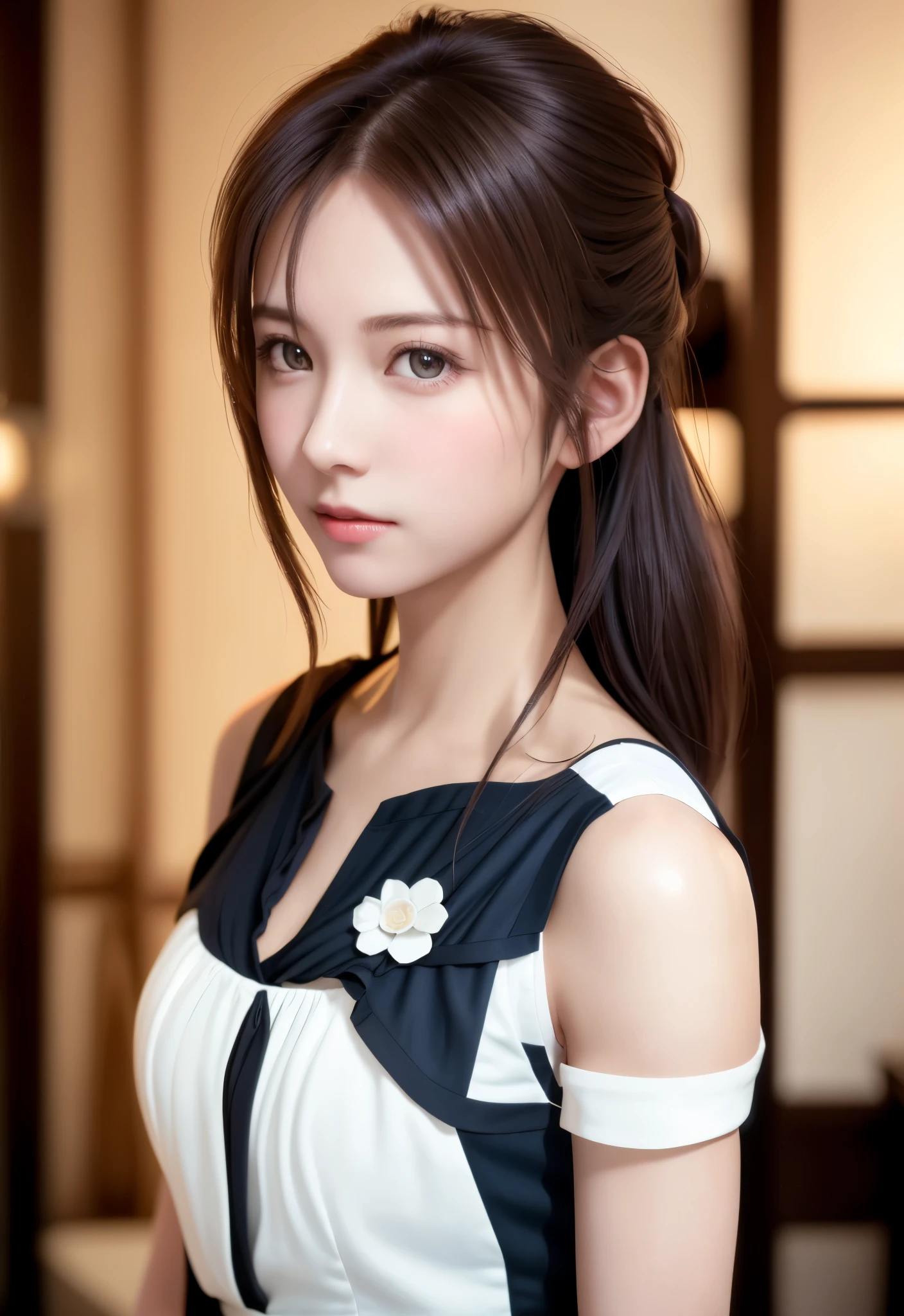 8K, of the highest quality, masutepiece:1.2), (Realistic, Photorealsitic:1.37), of the highest quality, masutepiece, Beautiful young woman, Pensive expression,、A charming、and an inviting look, Cute Maid Clothes, Hair tied back, Cinematic background, Light skin tone