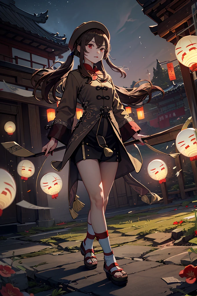 1 girl solo, brown jacket, long brown hair, red eyes, brown hat with red flowers, walking in a small medieval chinese town, old chinese buildings, chinese temple, ((at night, lots of paper lanterns glowing))