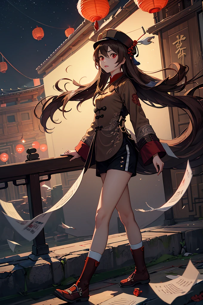 1 girl solo, brown jacket, long brown hair, red eyes, brown hat with red flowers, in a small medieval chinese town, old chinese buildings, mountains far on background, chinese temple