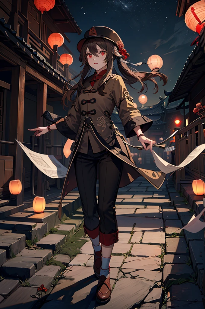 1 girl solo, brown jacket, long brown hair, red eyes, brown hat with red flowers, walking in a small medieval chinese town, old chinese buildings, chinese temple, ((at night, lots of paper lanterns glowing))