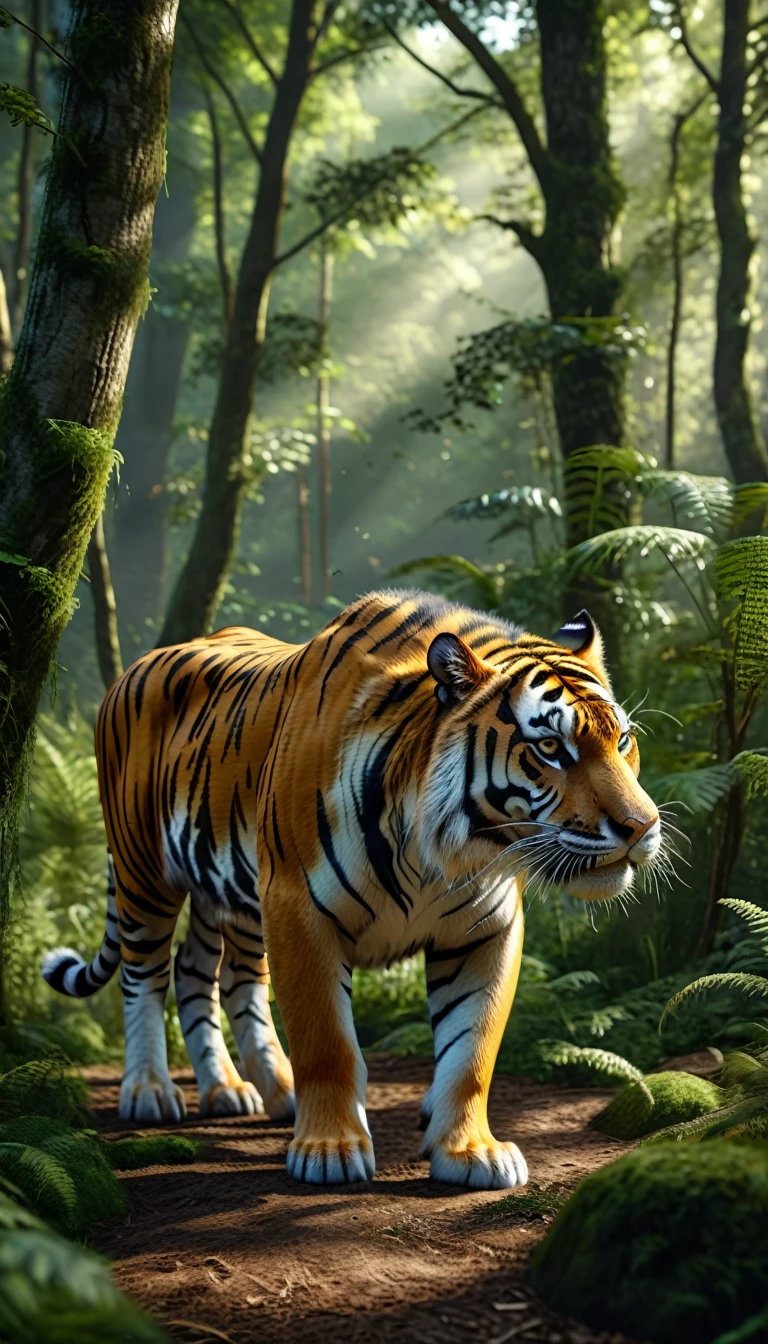 There is a wild beast in the forest，tiger shape，The tail of the cow（best quality，4K，8K，High level，masterpiece：1.2），Ultra Detailed，（lifelike，Photo real，Photo real：1.37），Highly detailed animals，Realistic lighting，Fantasy Creatures