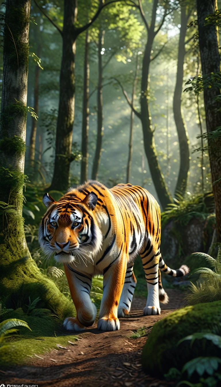 There is a wild beast in the forest,tiger shape,The tail of the cow(best quality,4K,8K,High level,masterpiece:1.2),Ultra Detailed,(lifelike,Photo real,Photo real:1.37),Highly detailed animals,Realistic lighting,Fantasy Creatures