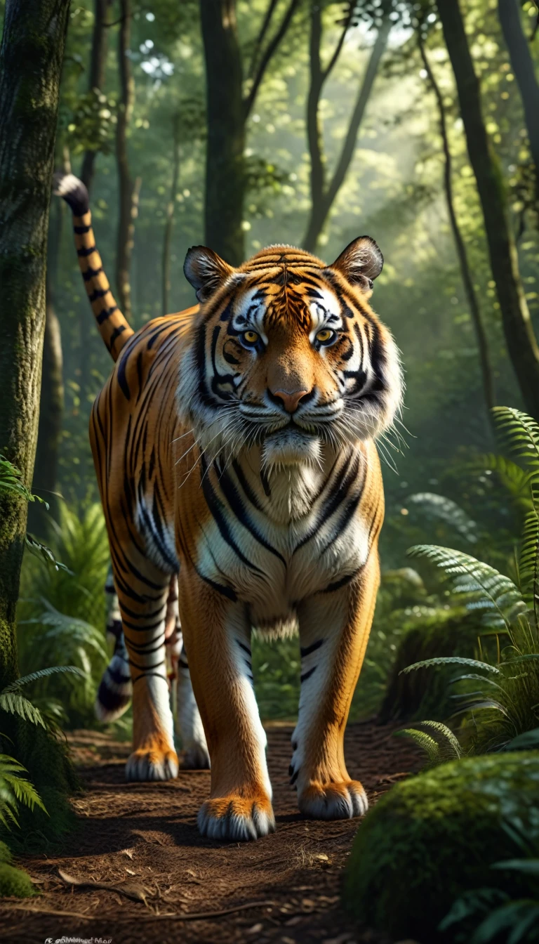 There is a wild beast in the forest,tiger shape,The tail of the cow(best quality,4K,8K,High level,masterpiece:1.2),Ultra Detailed,(lifelike,Photo real,Photo real:1.37),Highly detailed animals,Realistic lighting,Fantasy Creatures