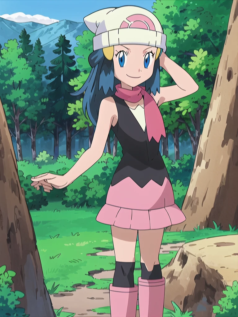 masterpiece, best quality, 1girl, dawn \(pokemon\), beanie, long hair, blue hair, blue eyes, black sleeveless shirt, pink scarf, pink skirt, pink boots, smile, looking at viewer, forest background