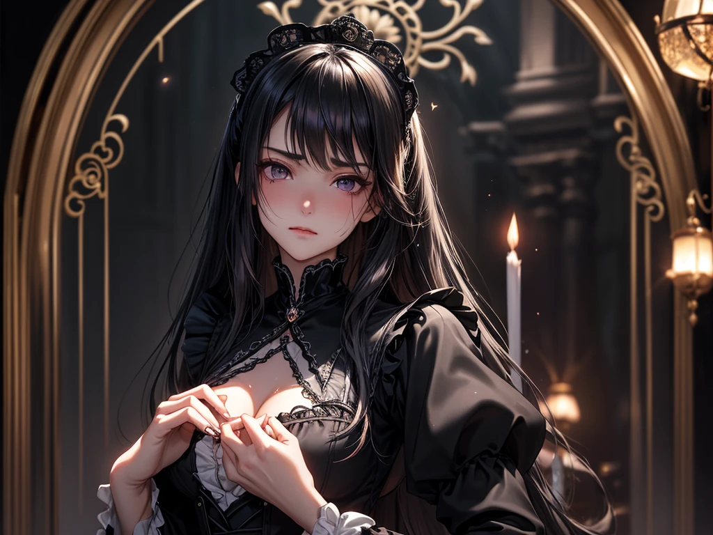 Always detailed face, Perfect lighting, Extremely detailed CG, (Perfect hands, Perfect Anatomy),Very detailed,　Long Hair Straight Hair、Dark Gothic Makeup、Dark smile、Restless Palace、Expression of sexual arousal、The beauty of fragrance、22 years old、liar、charm、Embarrassed look、Dark Gothic、Maid clothes、Bell Sleeves、Wizard Sleeve、Obscene language、Stained Glass Background、Tabletop、Highest quality、Sweat glistens on my chest、Drunk face、Maid clothes不思議な、Noble、Gothic Fashion、The body is wet and shiny、I&#39;m sweating a lot、Large Breast Size、Loving smile、Twin tail hair、Platinum Blonde Hair、Jet black frill skirt、Shadow、Gothic bed covered with roses、Transcendental Enchantment is temporarily disabled、A pause in crawling、charm的な脚、Knee-high socks、Thigh-high socks、lace trim bra, lace trim panties, Pink Lingerie, Lace-trimmed legwear, Black lace, Side tie panties, satin panties, garter belt, Good elevator, 　The whole body is covered in oil and has a glossy appearance.　Steam is coming out of my whole body　Steam like a sauna room fills the screen..　White breath from the mouth