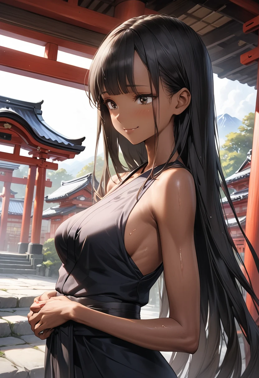 (masterpiece,Highest quality:1.3,best quality illustration),cowboy shot,1woman,(Mature Japan beauties)、black hair,long hair,bangs,black eyes,gorgeous eyes,((very small head:1.3)),shy,smile,((very long body:1.2)),medium breasts,(tan skin, gleaming skin,toned body,slender body, skinny),sweat,(Black kimono、Black Hakama),standing,shrine、