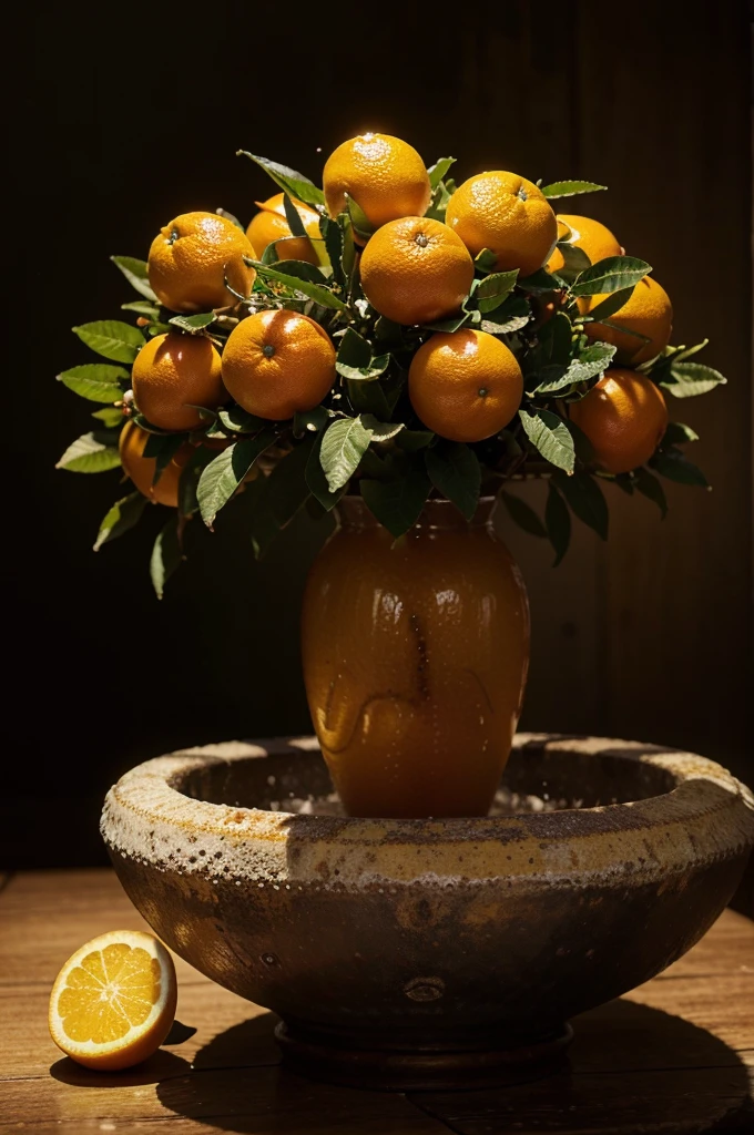 Oranges, vibrant and refreshing, appear in a stunning still life composition. The juicy citrus fruits glisten under a soft spotlight, their bright peel contrasted against a dark background. Every detail of the oranges is expertly captured, from the textured skin to the droplets of dew that cling to their surface. The image exudes a sense of freshness and vitality, making the viewer feel as though they could almost taste the tangy sweetness of the fruit. This high-quality photograph immerses the audience in the beauty of nature's bounty.