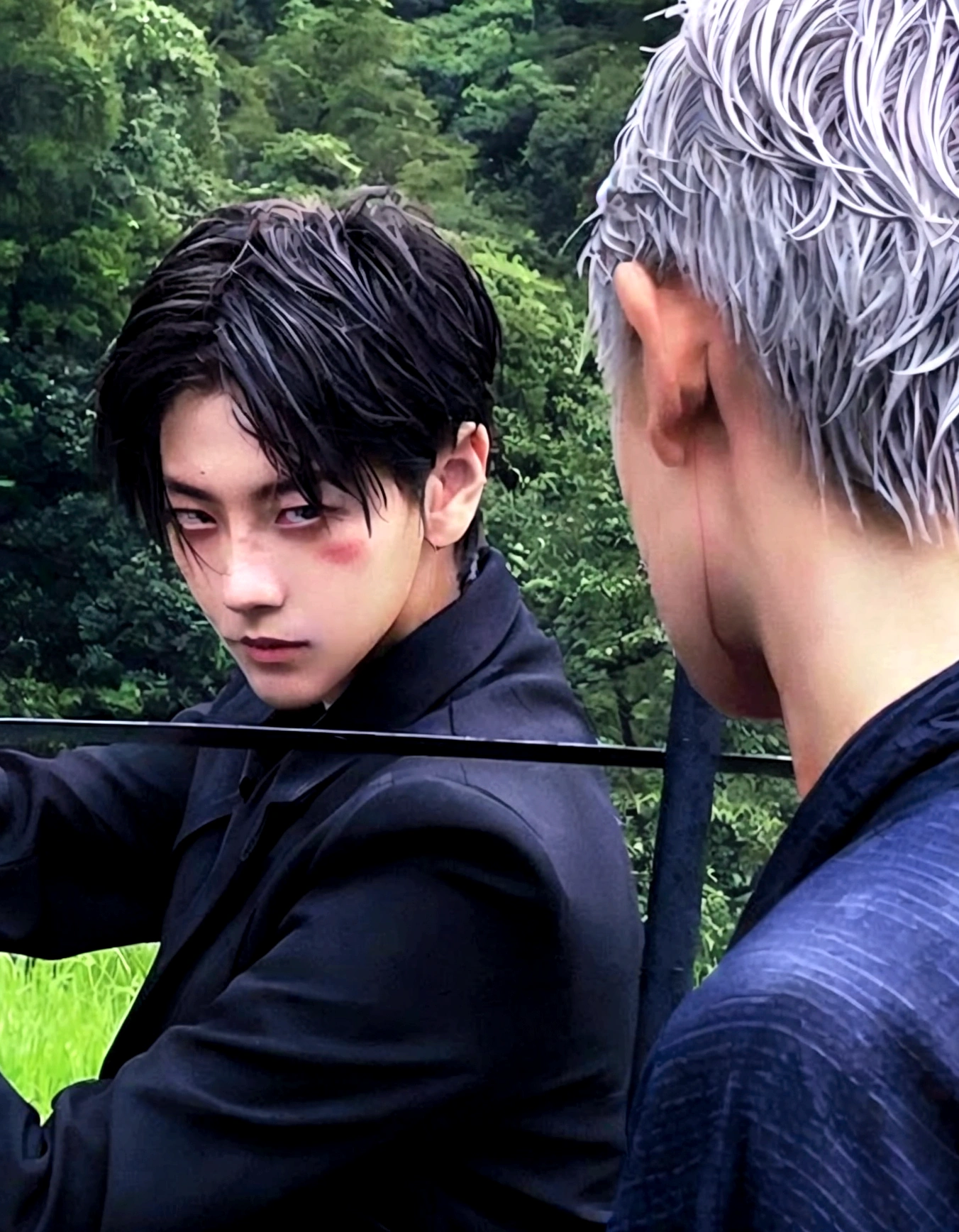 there are two men who are standing on the grass with a sword, cai xukun, still from a live action film, supper from live action movie, Japanese live action film, photoshoot, supper!!, cute japanese demon boy, he has dark gray hair, Live-action adaptation, miko, on set
