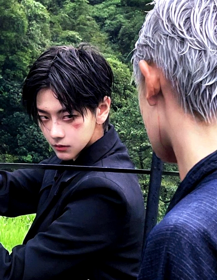 there are two men who are standing on the grass with a sword, cai xukun, still from a live action film, supper from live action movie, Japanese live action film, photoshoot, supper!!, cute japanese demon boy, he has dark gray hair, Live-action adaptation, miko, on set