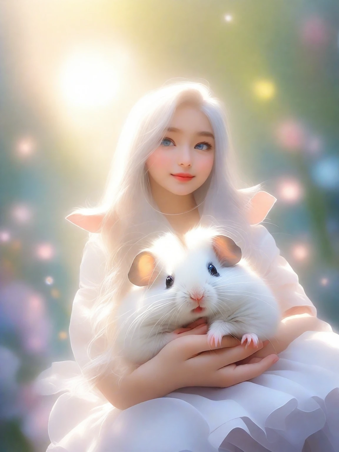 A girl,Wearing a white skirt,Silver long hair,blue eyes,Holding a cute little hamster in my hand,HD,