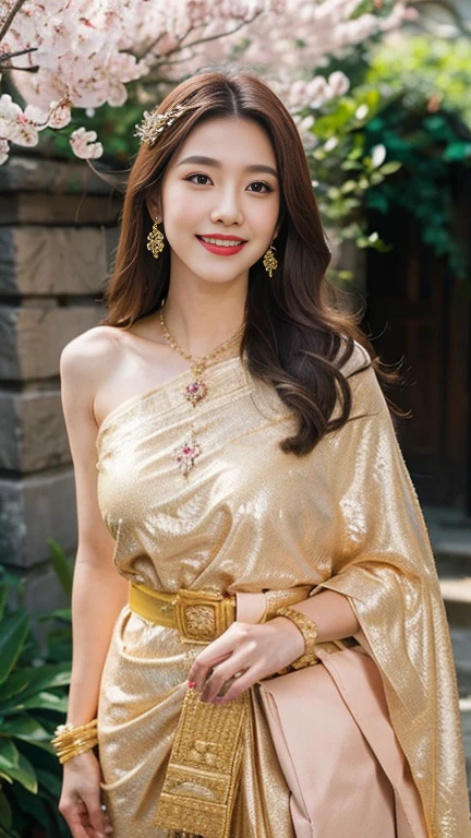 detailed face, Clear face, beautiful girl, Asian makeup, red lips, light brown hair, big crown, flowers in hair, Medium body, big breasts, Thai angel costume, ancient, Medium sexy dress,red pink dress, gold design, shine, Sequins, gem, beads , Crossbody jewelry, arm jewelry, bangle,HD, The body is full of, evening light, flower garden background, measure, waterfall, cherry blossoms, beautiful smile