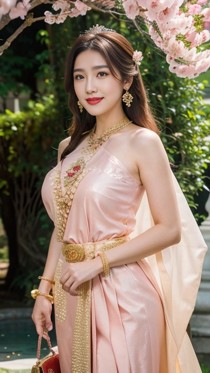 detailed face, Clear face, beautiful girl, Asian makeup, red lips, light brown hair, big crown, flowers in hair, Medium body, big breasts, Thai angel costume, ancient, Medium sexy dress,red pink dress, gold design, shine, Sequins, gem, beads , Crossbody jewelry, arm jewelry, bangle,HD, The body is full of, evening light, flower garden background, measure, waterfall, cherry blossoms, beautiful smile 