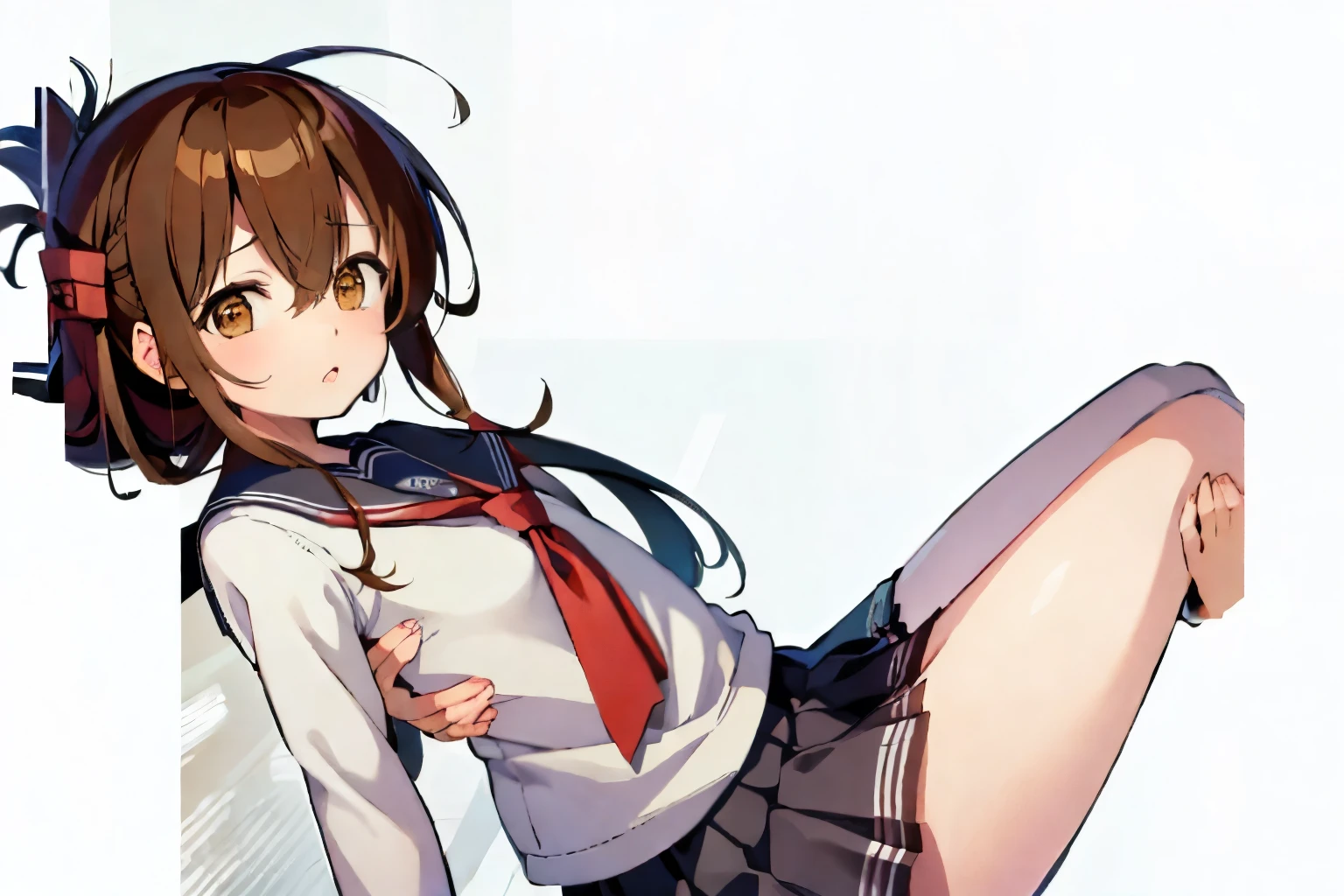 (masterpiece, best quality:1.2),illustration,8k,hd,1girl,solo,upper body,(portrait:1.2),brown_hair,folded_ponytail,brown_eyes,serafuku,long_hair,school_uniform,skirt,pleated_skirt,