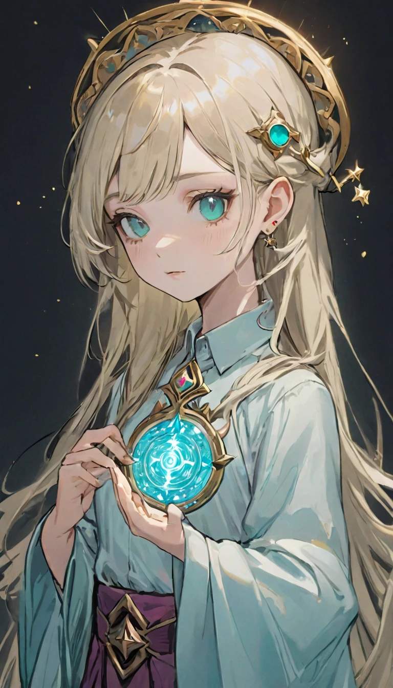 White shirt、Realistic textured skin、Ash Blonde、1 strand of hair、Side Tail、Turquoise Eyes、、Tarot Cards:1.37、Tarot Cardsを持っているドレスと帽子を着た女性のクローズアップ:1.37, Beautiful Celestial Magician, portrait of a Female Wizard, Female Wizard, Mechanized Witch's Little Wizard!, Female Wizard, dark witch character, magician magic witch, Black-haired wizard, Dark Sorceress Full View, Astral Witch Outfit, Dark magician full body pose、