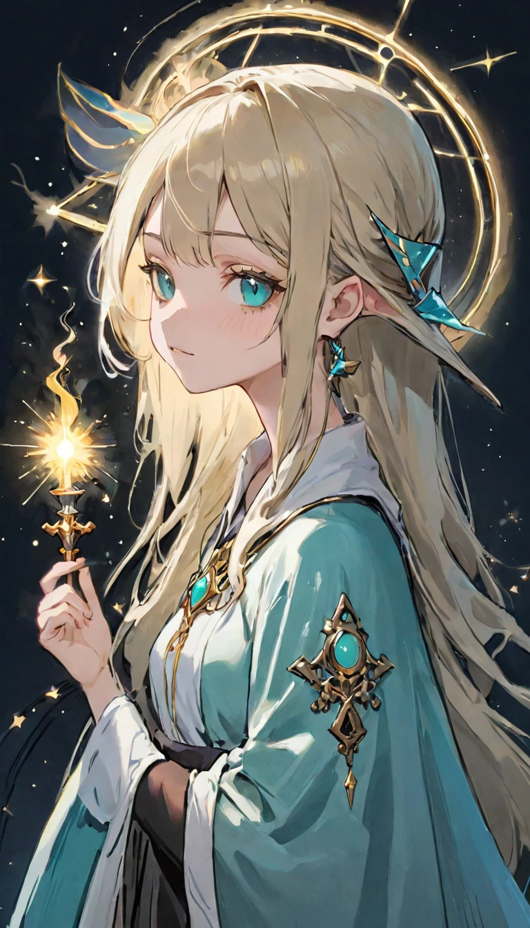 White shirt、Realistic textured skin、Ash Blonde、1 strand of hair、Side Tail、Turquoise Eyes、、Tarot Cards:1.37、Tarot Cardsを持っているドレスと帽子を着た女性のクローズアップ:1.37, Beautiful Celestial Magician, portrait of a Female Wizard, Female Wizard, Mechanized Witch's Little Wizard!, Female Wizard, dark witch character, magician magic witch, Black-haired wizard, Dark Sorceress Full View, Astral Witch Outfit, Dark magician full body pose、