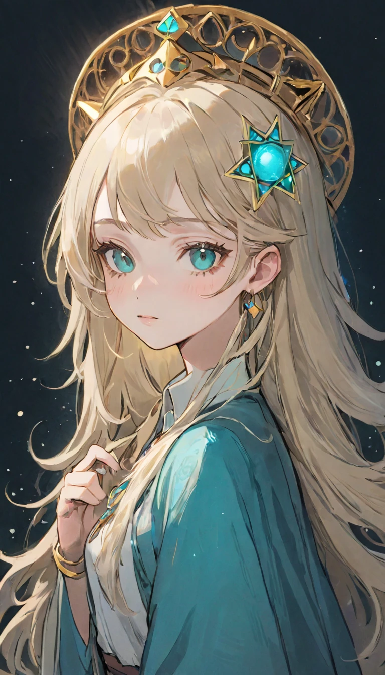 White shirt、Realistic textured skin、Ash Blonde、1 strand of hair、Side Tail、Turquoise Eyes、、Tarot Cards:1.37、Tarot Cardsを持っているドレスと帽子を着た女性のクローズアップ:1.37, Beautiful Celestial Magician, portrait of a Female Wizard, Female Wizard, Mechanized Witch&#39;s Little Wizard!, Female Wizard, dark witch character, magician magic witch, Black-haired wizard, Dark Sorceress Full View, Astral Witch Outfit, Dark magician full body pose、