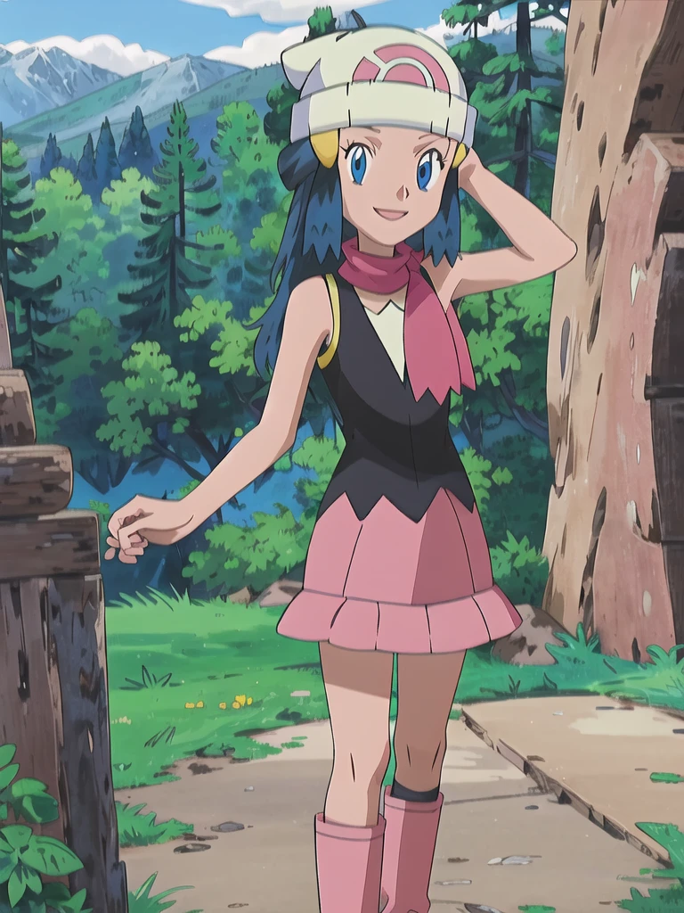 masterpiece, best quality, 1girl, dawn \(pokemon\), beanie, long hair, blue hair, blue eyes, black sleeveless shirt, pink scarf, pink skirt, pink boots, smile, looking at viewer, forest background