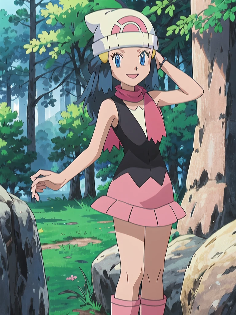 masterpiece, best quality, 1girl, dawn \(pokemon\), beanie, long hair, blue hair, blue eyes, black sleeveless shirt, pink scarf, pink skirt, pink boots, smile, looking at viewer, forest background