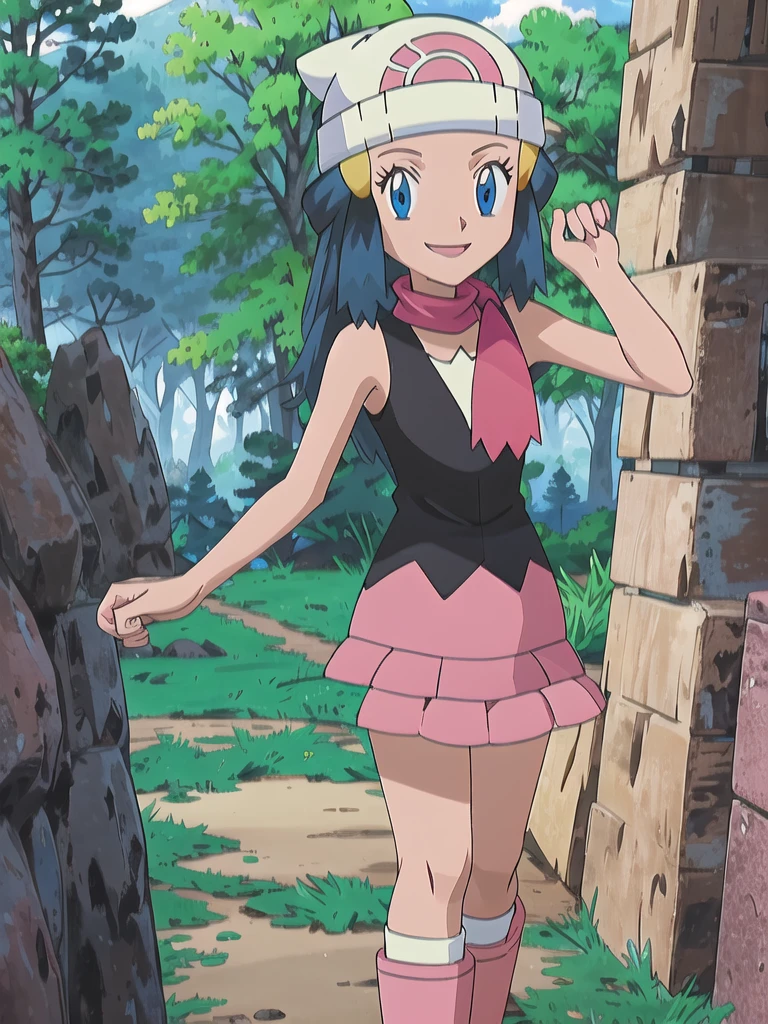 masterpiece, best quality, 1girl, dawn \(pokemon\), beanie, long hair, blue hair, blue eyes, black sleeveless shirt, pink scarf, pink skirt, pink boots, smile, looking at viewer, forest background
