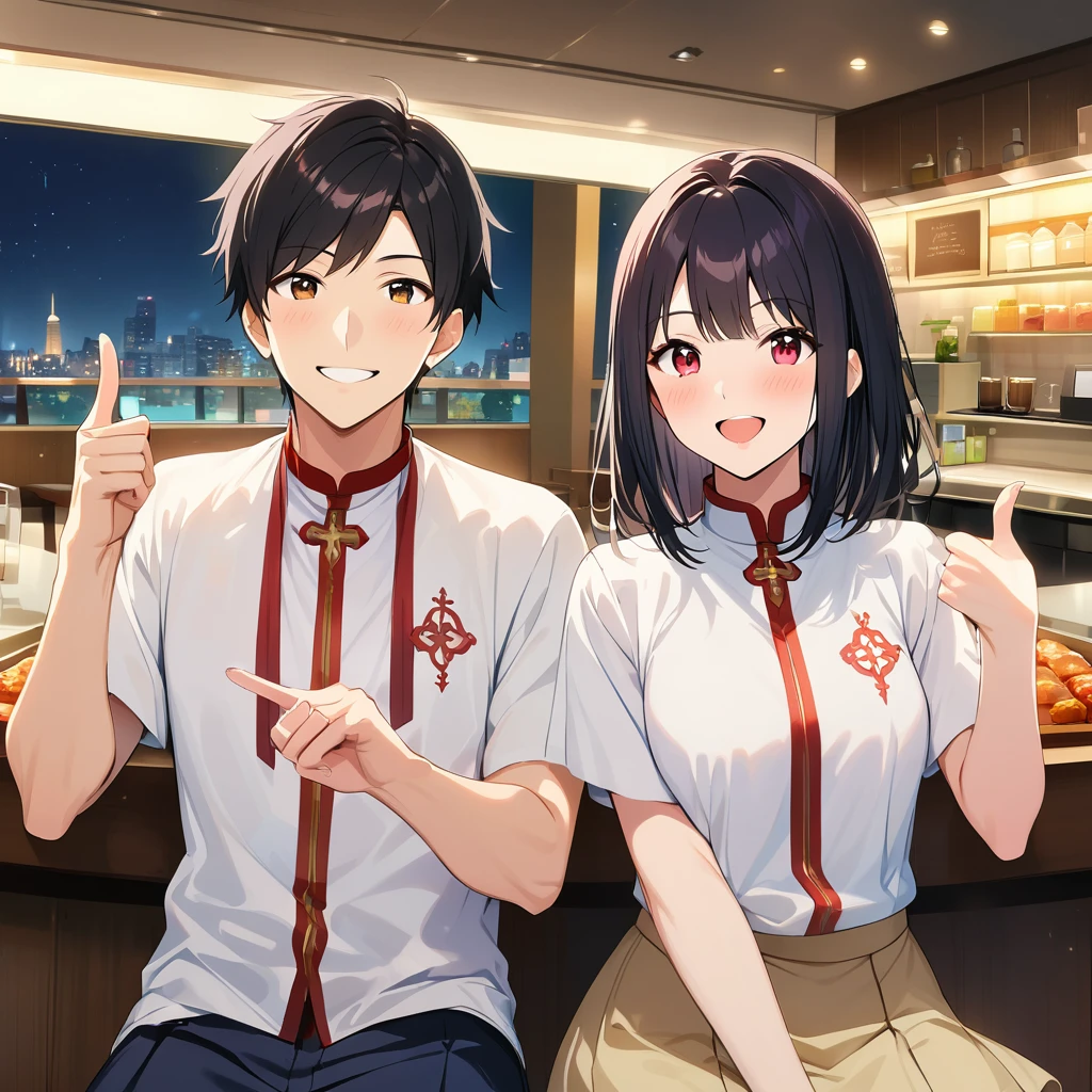 A confident smile, Enjoy your meal while taking in the beautiful night view.,2 students、While talking near a restaurant、Posing with thumbs up, slacks, Black Hair, indoor, Counter seats, skirt, shirt, ((((Complete faithful finger))))