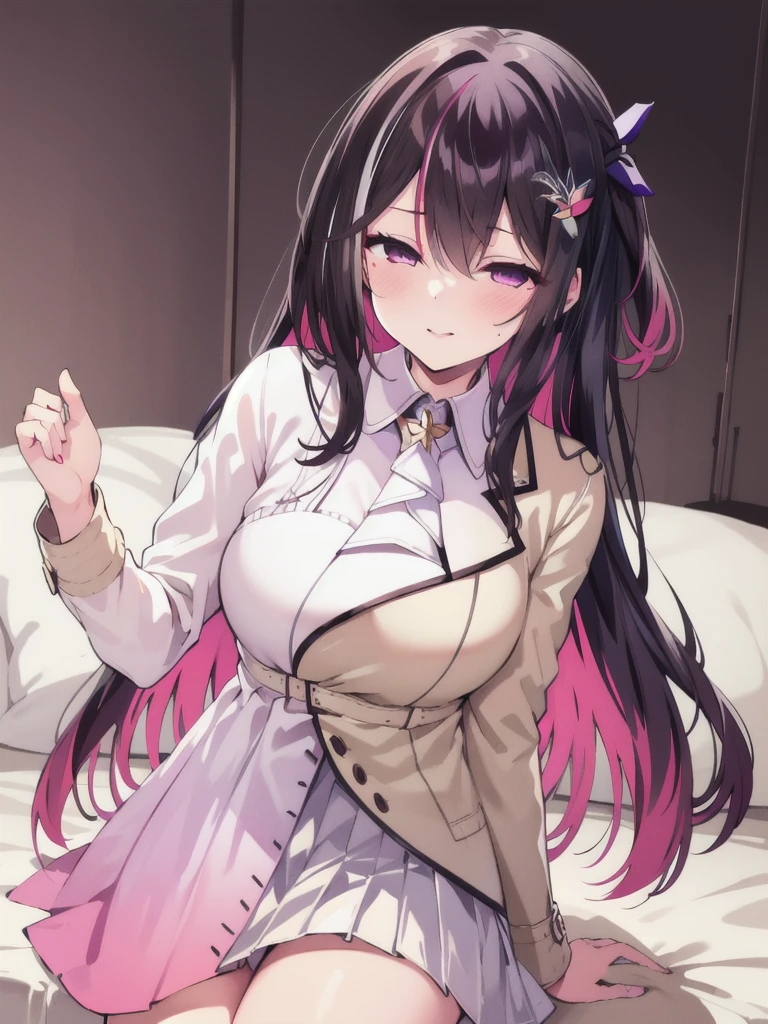 azki_(hololive), 1girl, solo, multicolored hair, pink hair, purple eyes, black hair, hair between eyes, white dress, brown dress, brown jacket, jewelry, long sleeves, x hair ornament, bangs, bracelet, long hair, streaked hair, hairclip, large breasts,,,,(masterpiece),(best quality),(ultra-detailed),(best illustration),(best shadow),(absurdres),(very aesthetic),(detailed background),,in narrow bedroom,dim lighting,under lighting,,,sitting on bed,aged up,corruption,,showgirl skirt,layered skirt,dark magical girl,aged up,,pucker lips,half closed eyes,