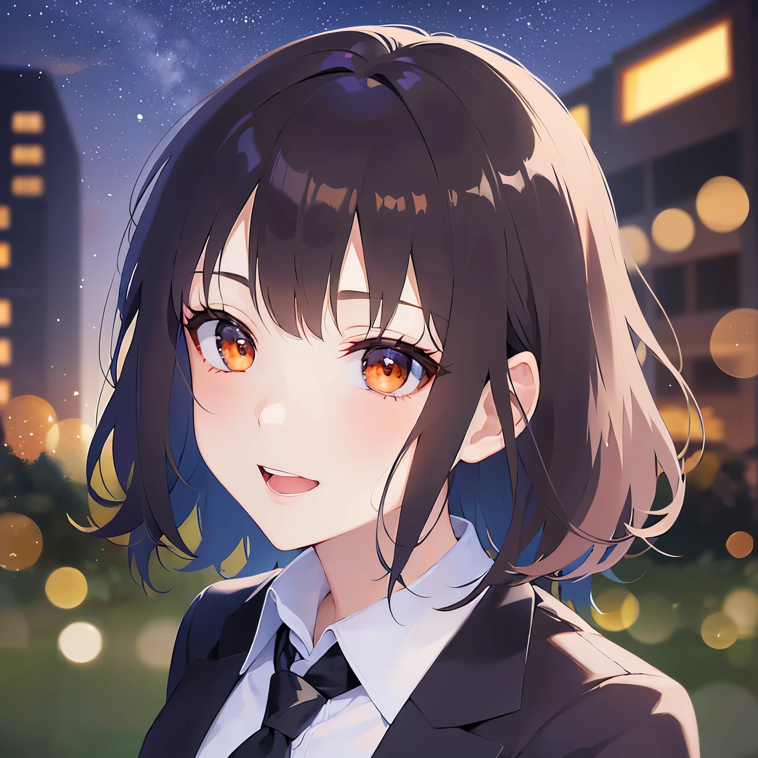 lookin at viewer,upper body, Looking up、head tilt、 Realistic, real person, (pale skin: 1.2), RAW photo, photorealistic, shiny skin, shiny hair、 (A 25-year-old woman with bob hair and bangs) and (wavy hair) and (brown hair) and (Orange Eyes)、(business suit:1.5)and (Wearing a white collared shirt)、 open mouth,happy smile,Night Sky、garden@miyuka.yz Preparation SeaArt Bot Upscale