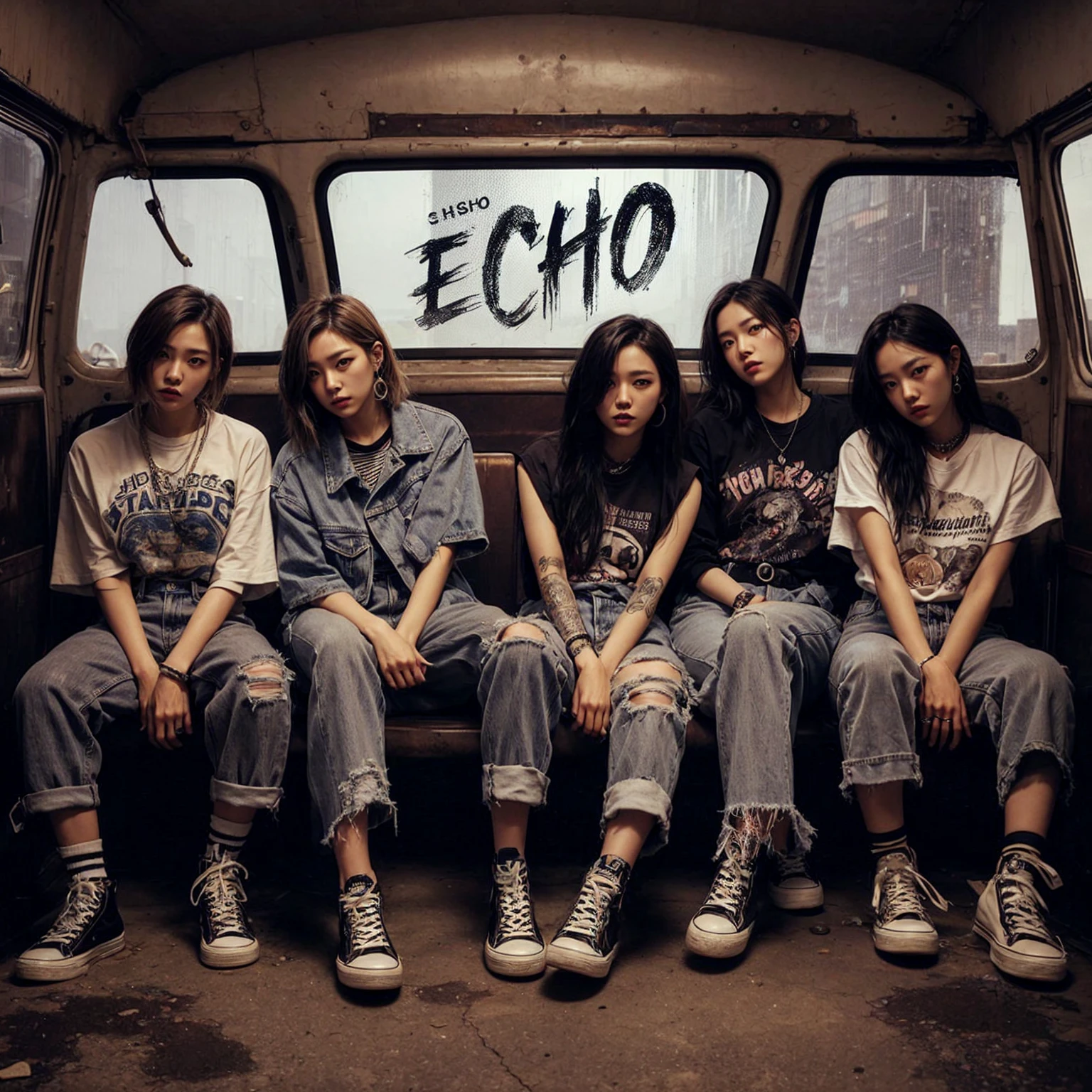 a visually striking five korean female member band photo in a gritty, urban setting. The band should be seated in a rugged van or similar backdrop, evoking a raw. Emphasize a cool, laid-back attitude with casual clothing, such as graphic tees, jeans, and sneakers. Ensure the band's name, “ECHO” is prominently displayed above them in bold, distressed typography. Capture a mood that reflects the essence of early 2000s pop, combining elements of angst, realistic, masterpiece