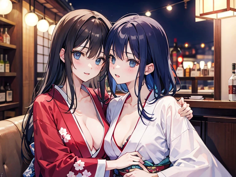 Two women hugging,Japanese clothing,Bar district,Unbuttoned,I'm drunk,Midnight,Adult atmosphere,Change of clothes,Enchanted