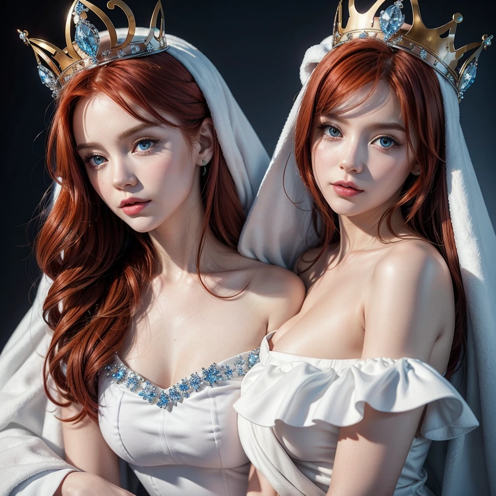 create a redhead hot queen with big  in a white dress with blue details and a white crown with small diamond icon