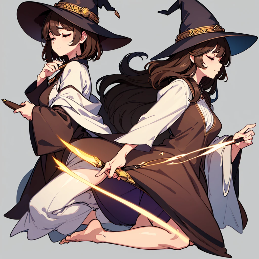 (((Solo)))、Highest quality, Best Quality,Best illustrations、(Brown Hair、Short Perm Hair、Wavy Hair、Short bangs、Align your bangs)、(Witch Hat、Brown simple robe)、(Magic wand)、(The magic of light、Use magic)、(White background)、(Mature 50 Year Old、Adult women、Red eyeshadow)、(Full body character concept、detailed)、(Full body character concept)、Run、(get annoyed、Close your eyes、Close your eyes)、(From the side、profile)
