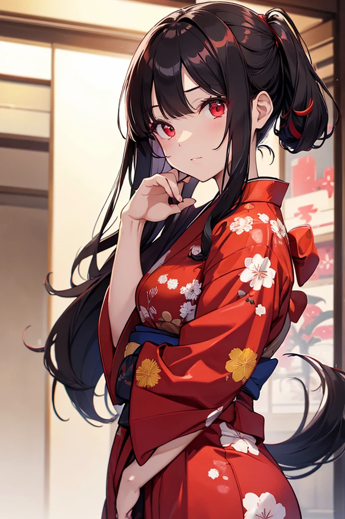 I am a beautiful girl. Wears a red yukata, has long black hair, and has red eyes.