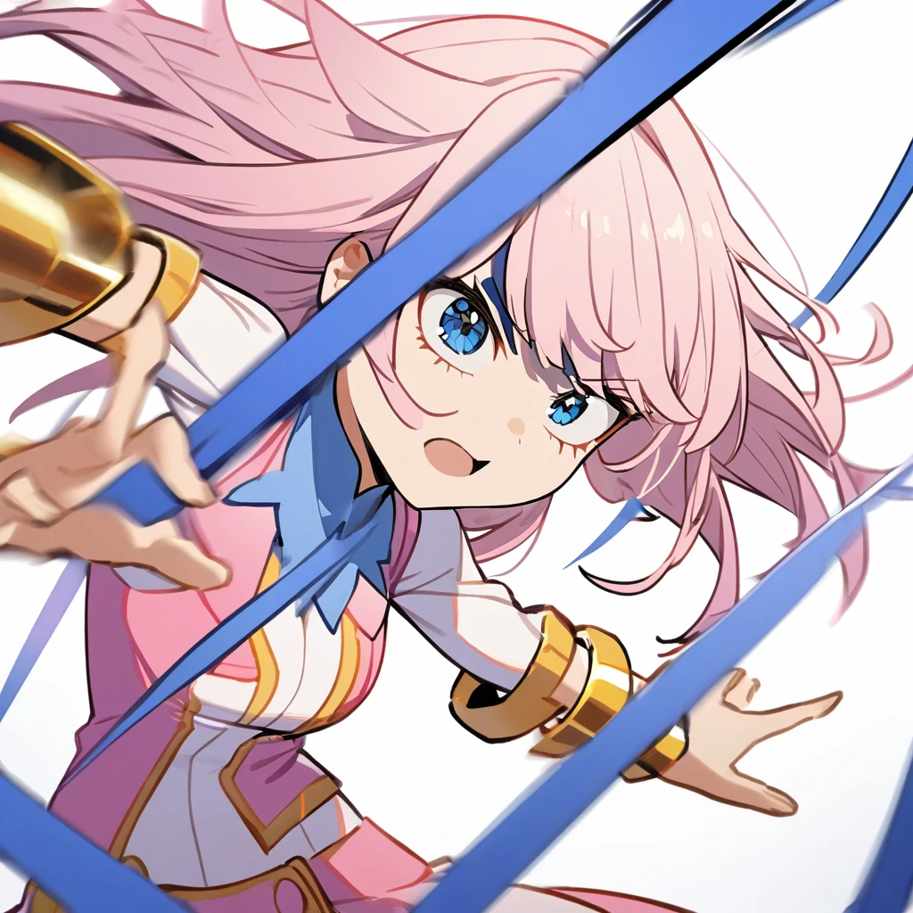 1 girl in the style of Boku no Hero, light pink hair, long hair, hair with blue tips, clear blue eyes, pink heroine uniform, gold bracelets,White background,half smile, tilted face,dynamic pose
