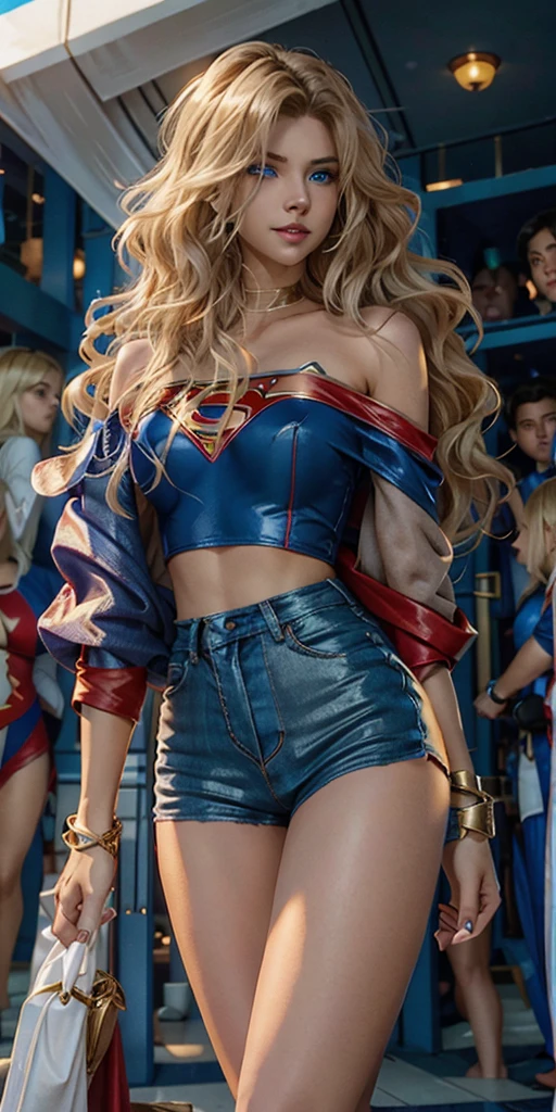 The character Supergirl, perfect blue and red costume with the traditional "S" in the chest, red cape, shiny little blue eyes, extremely beautiful blond hair, beautiful smile , perfect anatomy and extremely beautiful face, hyperrealistic face 