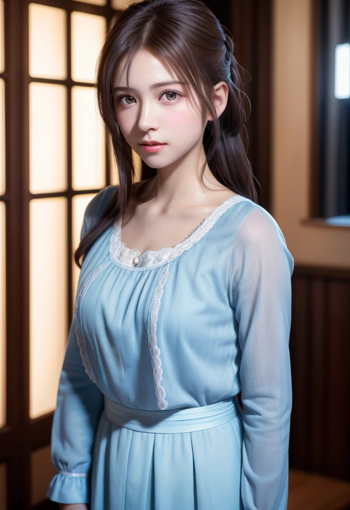 8K, of the highest quality, masutepiece:1.2), (Realistic, Photorealsitic:1.37), of the highest quality, masutepiece, Beautiful young woman, Pensive expression,、A charming、and an inviting look, Cute Maid Clothes, Hair tied back, Cinematic background, Light skin tone