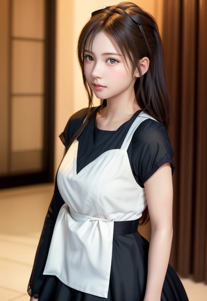 8K, of the highest quality, masutepiece:1.2), (Realistic, Photorealsitic:1.37), of the highest quality, masutepiece, Beautiful young woman, Pensive expression,、A charming、and an inviting look, Cute Maid Clothes, Hair tied back, Cinematic background, Light skin tone
