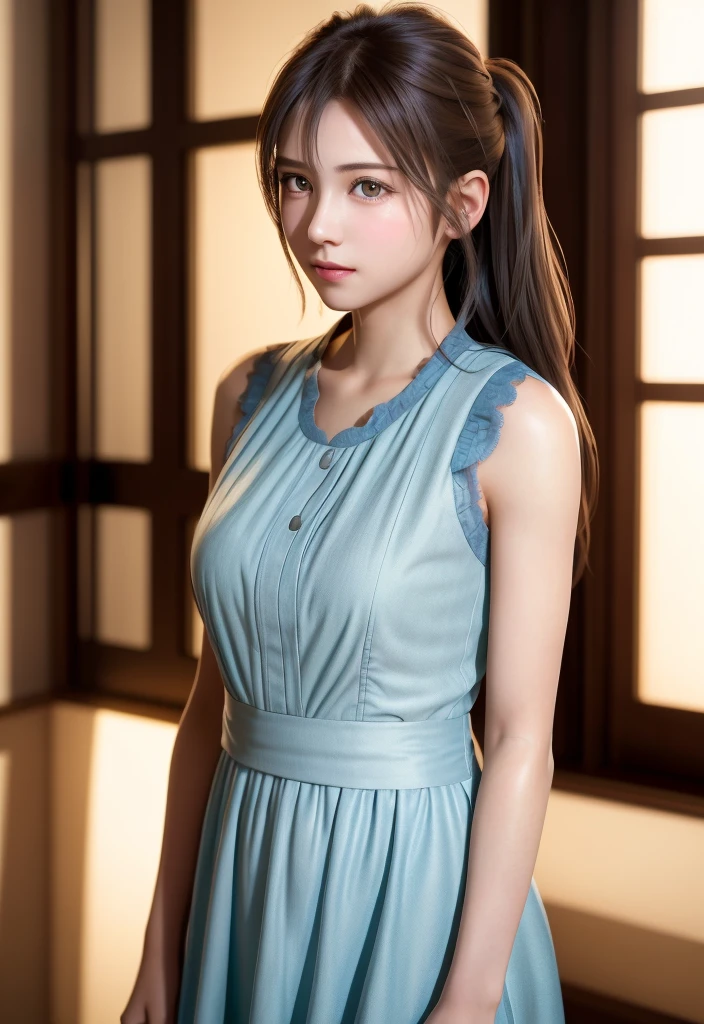 8K, of the highest quality, masutepiece:1.2), (Realistic, Photorealsitic:1.37), of the highest quality, masutepiece, Beautiful young woman, Pensive expression,、A charming、and an inviting look, Cute Maid Clothes, Hair tied back, Cinematic background, Light skin tone