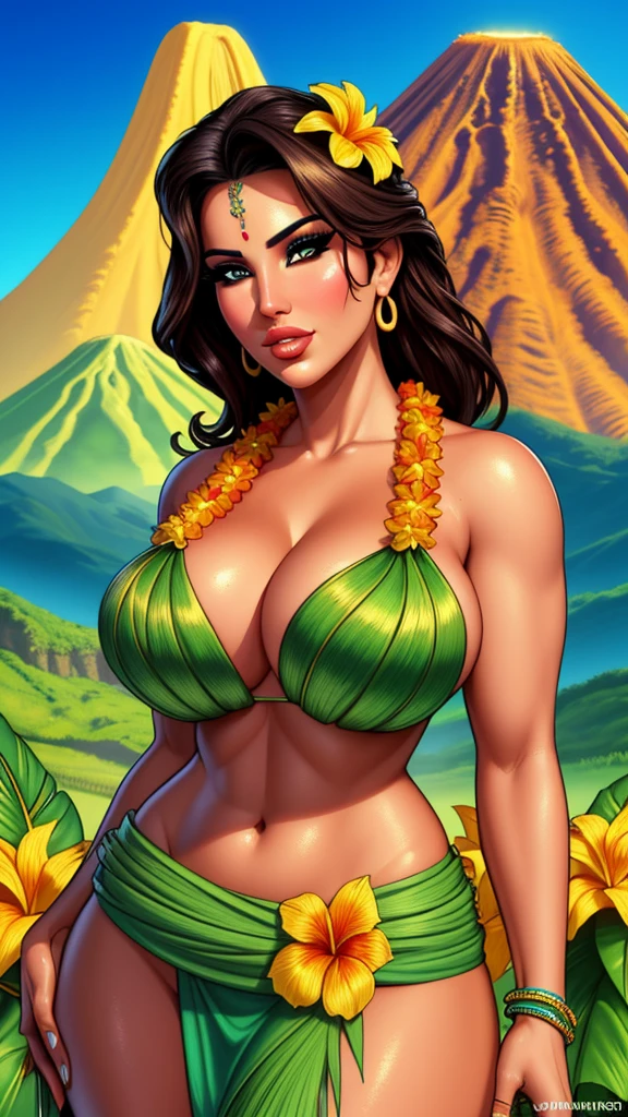a beautiful woman, Sunny Leone, wearing a grass skirt and flower lei, standing in front of a tropical volcano landscape, detailed facial features, beautiful eyes and lips, long eyelashes, photorealistic, vibrant colors, cinematic lighting, masterpiece, 8k, ultra-detailed