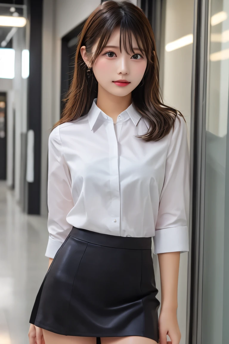 Highest quality, (beautiful)、White Business Shirt、Black Mini Tight Skirt