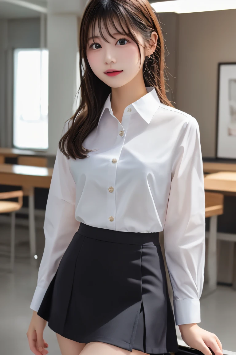 Highest quality, (beautiful)、White Business Shirt、Black Mini Tight Skirt