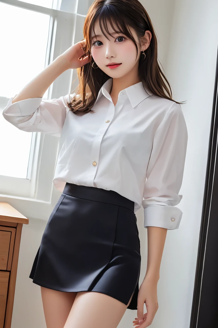 Highest quality, (beautiful)、White Business Shirt、Black Mini Tight Skirt