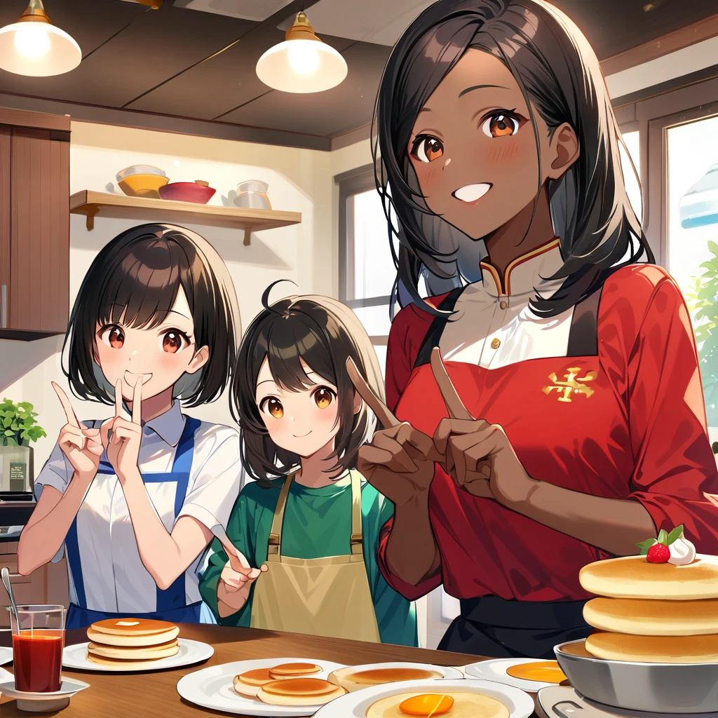 A confident smile, Home kitchen with large windows,Smiling children and their mothers,短いBlack Hair, Brown eyes,Brown Skin,When two students are talking、He is making a gesture that resembles a peace sign. (Tele from the restaurant), skirt, Black Hair, indoor, Making hotcakes, shirt, ((((Complete faithful finger))))