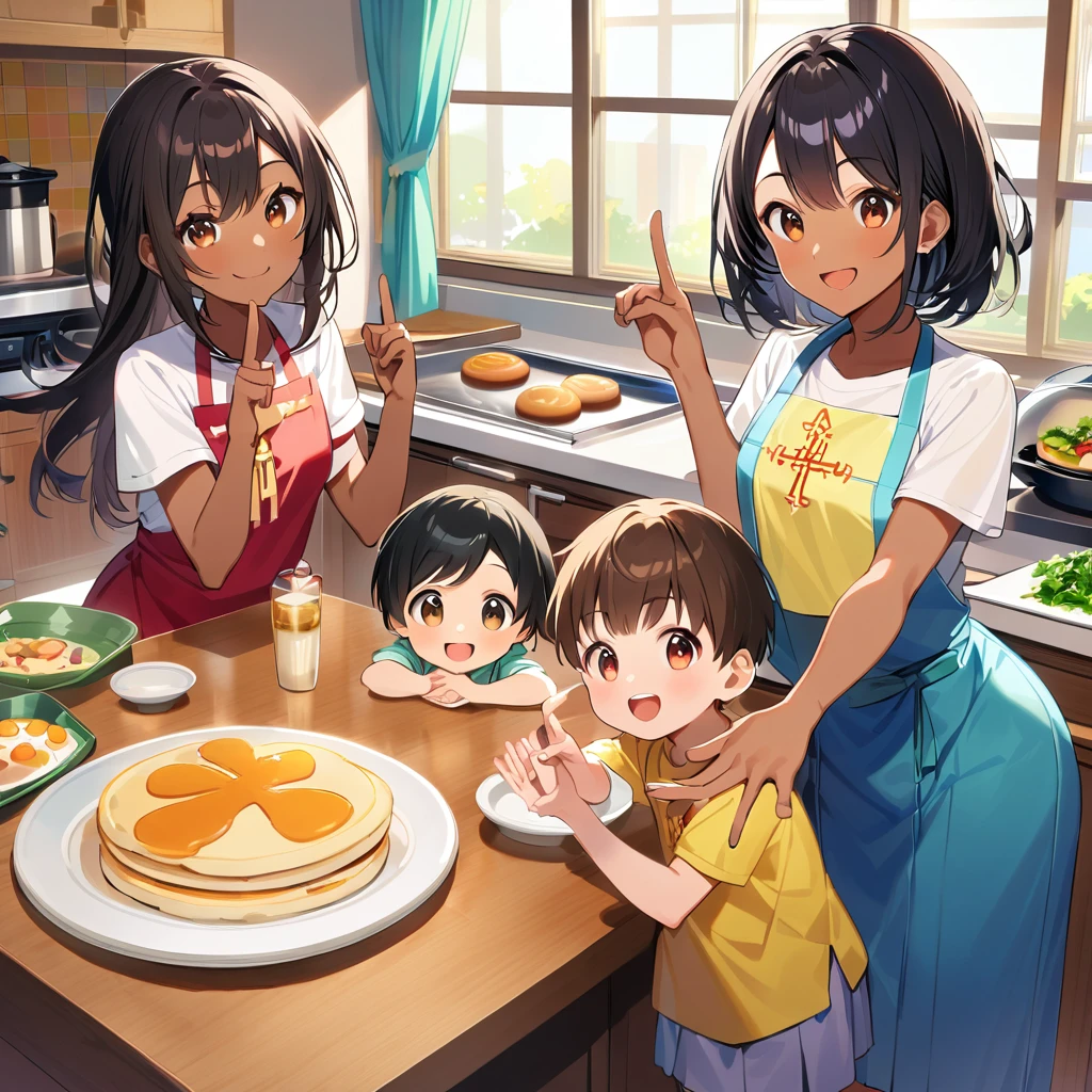 A confident smile, Home kitchen with large windows,Smiling children and their mothers,短いBlack Hair, Brown eyes,Brown Skin,When two students are talking、He is making a gesture that resembles a peace sign. (Tele from the restaurant), skirt, Black Hair, indoor, Making hotcakes, shirt, ((((Complete faithful finger))))