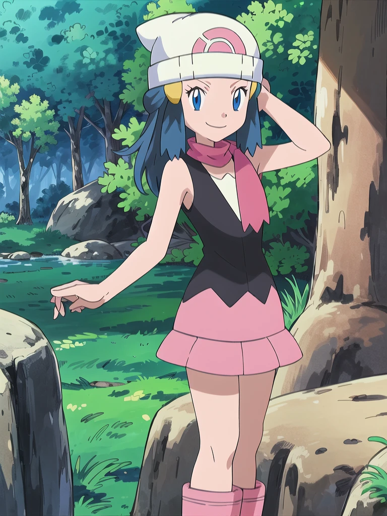 masterpiece, best quality, 1girl, dawn \(pokemon\), beanie, long hair, blue hair, blue eyes, black sleeveless shirt, pink scarf, pink skirt, pink boots, smile, looking at viewer, forest background