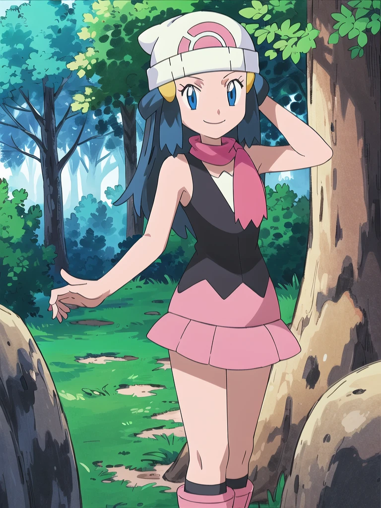 masterpiece, best quality, 1girl, dawn \(pokemon\), beanie, long hair, blue hair, blue eyes, black sleeveless shirt, pink scarf, pink skirt, pink boots, smile, looking at viewer, forest background