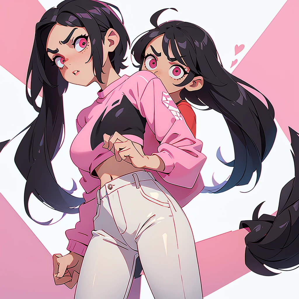 with big eyes, with black hair, kinda angry eyes, tall with a pink crop top and white pants