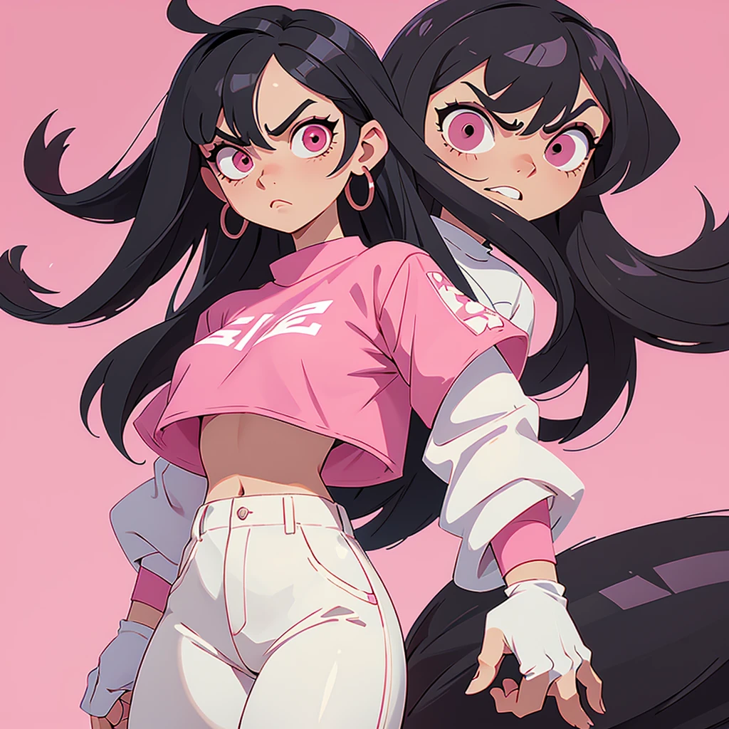 with big eyes, with black hair, kinda angry eyes, tall with a pink crop top and white pants